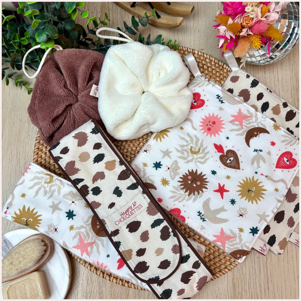 Trio beauté  : Bandeau démaquillant, serviettes visage et fleur de douche Happy Chouquettes